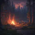 A highly detailed matte painting of a camp fire in the forest at night by studio ghibli, 4k resolution, Masterpiece, Trending on Artstation, Cyberpunk, Octane Render, Volumetric Lighting