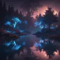 A magical pond in a fantasy forest with glowing blue trees at night, 4k, HQ, Intricate, Artstation, Cinematic Lighting, Photo Realistic, Sharp Focus, Unreal Engine, Dark