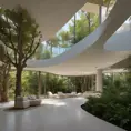 Envision a Zaha Hadid-styled, environmentally-conscious villa nestled within the bustling modern architecture of Tulum, Quintana Roo. As you approach from the entrance, the street view reveals a facade adorned with a vertical bamboo lattice, gracefully contrasting with the stone finish. Large overhangs hint at the interior's coolness, and the surrounding trees whisper tales of nature's embrace, Award-Winning, Intricate Details