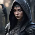 Intricate portrait of a horrifying pale assassin dusk elf, black hair, black eyes, fully covering black hooded armor, ravens, 8k, Gothic and Fantasy, Beautiful, Sci-Fi, Photo Realistic