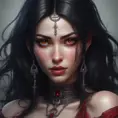 A beautiful romanian vampire woman with penetrating red bright eyes, long fangs, perfect face, 8k, Hyper Detailed, Intricate Details, Masterpiece, Contemporary, Full Body, Trending on Artstation, Gothic, Deviantart, Concept Art by Stanley Artgerm Lau