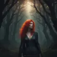 Red haired vampire in a haunted forest, Highly Detailed, Intricate, Gothic, Volumetric Lighting, Fantasy, Dark by Stanley Artgerm Lau