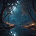 A magical pond in a fantasy forest with glowing blue trees at night, 4k, HQ, Intricate, Artstation, Cinematic Lighting, Photo Realistic, Sharp Focus, Unreal Engine, Dark