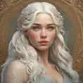 Alluring matte portrait of a beautiful Daenerys Targaryen, 8k, Highly Detailed, Intricate, Half Body, Realistic, Sharp Focus, Volumetric Lighting, Fantasy, Elegant by Alphonse Mucha