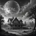 a realistic scene, an old home from the 1930's. The background is a planet that is on the edge of collapse. The skies are grey, the trees are barren. it is very depressing. a rocket ship is launching and leaving the earth, Sci-Fi, Fantasy, Dark