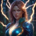 Closeup of a beautiful lightning mage in a magical forest, 4k, Highly Detailed, Masterpiece, Pretty Face, Digital Illustration, Cinematic Lighting, Realistic, Sharp Focus, Centered, Beautifully Lit, Bioluminescent by Stanley Artgerm Lau