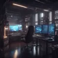 A dark industrial desk from the future with many monitors, Photo Realistic, Volumetric light effect, Octane Render, Unreal Engine, Ambient Occlusion, Maximalism, Industrial by Beeple