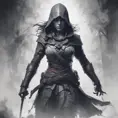 Silhouette of Kassandra from Assassin's Creed emerging from the fog of war, ink splash, Highly Detailed, Vibrant Colors, Ink Art, Fantasy, Dark by Stanley Artgerm Lau