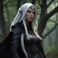 Dungeons and dragons forest elf character full body portrait, white skin, dark gothic black armor, wearing a black veil, dramatic light, dungeon background, 8k, Gothic and Fantasy, Elden Ring, Photo Realistic, Dynamic Lighting by Stanley Artgerm Lau, Greg Rutkowski