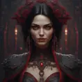 A beautiful romanian vampire woman with penetrating red bright eyes, long fangs, perfect face, 8k, Hyper Detailed, Intricate Details, Masterpiece, Contemporary, Full Body, Trending on Artstation, Gothic, Deviantart, Concept Art by Stefan Kostic