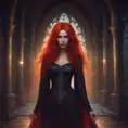 Red headed witch with shimmering hair and magical aura in a haunted castle, Gothic and Fantasy