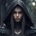 Intricate portrait of a horrifying pale assassin dusk elf, black hair, black eyes, fully covering black hooded armor, ravens, 8k, Gothic and Fantasy, Beautiful, Sci-Fi, Photo Realistic