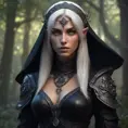 Dungeons and dragons forest elf character full body portrait, white skin, dark gothic black armor, wearing a black veil, dramatic light, dungeon background, 8k, Gothic and Fantasy, Elden Ring, Photo Realistic, Dynamic Lighting by Stanley Artgerm Lau, Greg Rutkowski