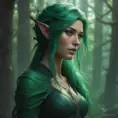 Green haired half-elf in a haunted forest, Highly Detailed, Intricate, Gothic, Volumetric Lighting, Fantasy, Dark by Stanley Artgerm Lau