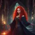 Red headed witch with shimmering hair and magical aura in a haunted castle, Gothic and Fantasy