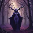 A mysterious witch cloaked with antlers in purple chaos energy, in a dark forest of salix trees, 8k, High Definition, Highly Detailed, Trending on Artstation, Darkwave, Epic, Isometric, Cinematic Lighting, Smooth, 3D Rendering, Octane Render, Vibrant Colors, Ominous by Stanley Artgerm Lau, Zdzislaw Beksinski, H. R. (Hans Ruedi) Giger