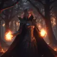 Fire mage in a haunted forest, Highly Detailed, Intricate, Gothic and Fantasy, Gothic, Volumetric Lighting, Fantasy, Dark by Stanley Artgerm Lau