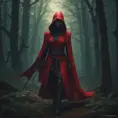 Red hooded female ninja in a haunted forest, Highly Detailed, Intricate, Gothic, Volumetric Lighting, Fantasy, Dark by Stanley Artgerm Lau