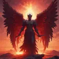 An angel with wings made of fire on a bloody battlefield with a bloodred sunset, 8k, Highly Detailed, Stunning, Volumetric Lighting, Fantasy, Dark by Greg Rutkowski