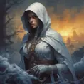 White hooded female assassin emerging from the fog of war, Highly Detailed, Vibrant Colors, Ink Art, Fantasy, Dark by Alex Horley