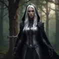 Dungeons and dragons forest elf character full body portrait, white skin, dark gothic black armor, wearing a black veil, dramatic light, dungeon background, 8k, Gothic and Fantasy, Elden Ring, Photo Realistic, Dynamic Lighting by Stanley Artgerm Lau, Greg Rutkowski