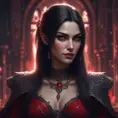 A beautiful romanian vampire woman with penetrating red bright eyes, long fangs, perfect face, 8k, Hyper Detailed, Intricate Details, Masterpiece, Contemporary, Full Body, Trending on Artstation, Gothic, Deviantart, Concept Art by WLOP