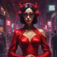 Asian cyberpunk feme fatale in expensive red dress with mask at a masquerade ball smart but dangerous in a high-tech club., Oil on Canvas, Photo Realistic