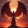 An angel with wings made of fire on a bloody battlefield with a bloodred sunset, 8k, Highly Detailed, Stunning, Volumetric Lighting, Fantasy, Dark by Greg Rutkowski