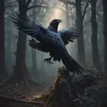 Raven in a haunted forest, Highly Detailed, Intricate, Gothic and Fantasy, Gothic, Volumetric Lighting, Fantasy, Dark by Stanley Artgerm Lau