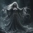 Ghostly rotting dead evil undead siren, graceful, flowing robes, wispy, glowing dark eyes, darkness, 8k, Gothic and Fantasy, Beautiful, Sci-Fi, Photo Realistic