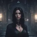 Female ghost with raven hair and black eyest in a creepy castle at night, 8k, Dystopian, Dark