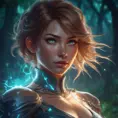 Closeup of a beautiful lightning mage in a magical forest, 4k, Highly Detailed, Masterpiece, Pretty Face, Digital Illustration, Cinematic Lighting, Realistic, Sharp Focus, Centered, Beautifully Lit, Bioluminescent by Stanley Artgerm Lau