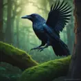 Raven in a green magical forest, Highly Detailed, Bokeh effect, Sharp Focus, Volumetric Lighting, Fantasy by Greg Rutkowski