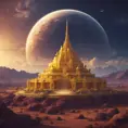 Cosmic round beautiful yellow temple in the center of a futuristic community. Extraterrestrial landscape. Planet sirius. The moon and stars can be seen in the sky even during the day., Sci-Fi, Volumetric Lighting, Vibrant Colors by WLOP