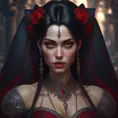 A beautiful romanian vampire woman with penetrating red bright eyes, long fangs, perfect face, 8k, Hyper Detailed, Intricate Details, Masterpiece, Contemporary, Full Body, Trending on Artstation, Gothic, Deviantart, Concept Art by Stefan Kostic