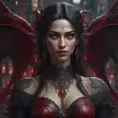 A beautiful romanian vampire woman with penetrating red bright eyes, long fangs, perfect face, 8k, Hyper Detailed, Intricate Details, Masterpiece, Contemporary, Full Body, Trending on Artstation, Gothic, Deviantart, Concept Art by Stefan Kostic