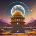 Cosmic round beautiful yellow temple in the center of a futuristic community. Extraterrestrial landscape. Planet sirius. The moon and stars can be seen in the sky even during the day., Sci-Fi, Volumetric Lighting, Vibrant Colors by WLOP