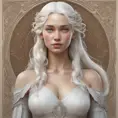 Alluring matte portrait of a beautiful Daenerys Targaryen, 8k, Highly Detailed, Intricate, Half Body, Realistic, Sharp Focus, Volumetric Lighting, Fantasy, Elegant by Alphonse Mucha