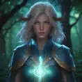 Closeup of a beautiful lightning mage in a magical forest, 4k, Highly Detailed, Masterpiece, Pretty Face, Digital Illustration, Cinematic Lighting, Realistic, Sharp Focus, Centered, Beautifully Lit, Bioluminescent by Stanley Artgerm Lau