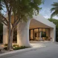 Envision a Zaha Hadid-styled, environmentally-conscious villa nestled within the bustling modern architecture of Tulum, Quintana Roo. As you approach from the entrance, the street view reveals a facade adorned with a vertical bamboo lattice, gracefully contrasting with the stone finish. Large overhangs hint at the interior's coolness, and the surrounding trees whisper tales of nature's embrace, Award-Winning, Intricate Details