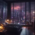 Beautiful cozy bedroom with floor to ceiling glass windows overlooking a cyberpunk city at night, thunderstorm outside with torrential rain, High Resolution, Highly Detailed, Darkwave, Gloomy by Stefan Kostic