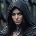 Intricate portrait of a horrifying pale assassin dusk elf, black hair, black eyes, fully covering black hooded armor, ravens, 8k, Gothic and Fantasy, Beautiful, Sci-Fi, Photo Realistic