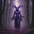 A mysterious witch cloaked with antlers in purple chaos energy, in a dark forest of salix trees, 8k, High Definition, Highly Detailed, Trending on Artstation, Darkwave, Epic, Isometric, Cinematic Lighting, Smooth, 3D Rendering, Octane Render, Vibrant Colors, Ominous by Stanley Artgerm Lau, Zdzislaw Beksinski, H. R. (Hans Ruedi) Giger