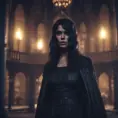 Female ghost with raven hair and black eyest in a creepy castle at night, 8k, Dystopian, Dark