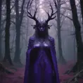 A mysterious witch cloaked with antlers in purple chaos energy, in a dark forest of salix trees, 8k, High Definition, Highly Detailed, Trending on Artstation, Darkwave, Epic, Isometric, Cinematic Lighting, Smooth, 3D Rendering, Octane Render, Vibrant Colors, Ominous by Stanley Artgerm Lau, Zdzislaw Beksinski, H. R. (Hans Ruedi) Giger