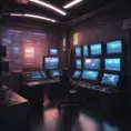 A dark industrial desk from the future with many monitors, Photo Realistic, Volumetric light effect, Octane Render, Unreal Engine, Ambient Occlusion, Maximalism, Industrial by Beeple