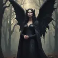 Winged vampiress in a haunted forest, Highly Detailed, Intricate, Gothic, Volumetric Lighting, Fantasy, Dark by Stanley Artgerm Lau