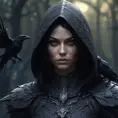 Intricate portrait of a horrifying pale assassin dusk elf, black hair, black eyes, fully covering black hooded armor, ravens, 8k, Gothic and Fantasy, Beautiful, Sci-Fi, Photo Realistic