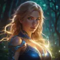 Closeup of a beautiful lightning mage in a magical forest, 4k, Highly Detailed, Masterpiece, Pretty Face, Digital Illustration, Cinematic Lighting, Realistic, Sharp Focus, Centered, Beautifully Lit, Bioluminescent by Stanley Artgerm Lau