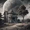 a realistic scene, an old home from the 1930's. The background is a planet that is on the edge of collapse. The skies are grey, the trees are barren. it is very depressing. a rocket ship is launching and leaving the earth, Sci-Fi, Fantasy, Dark